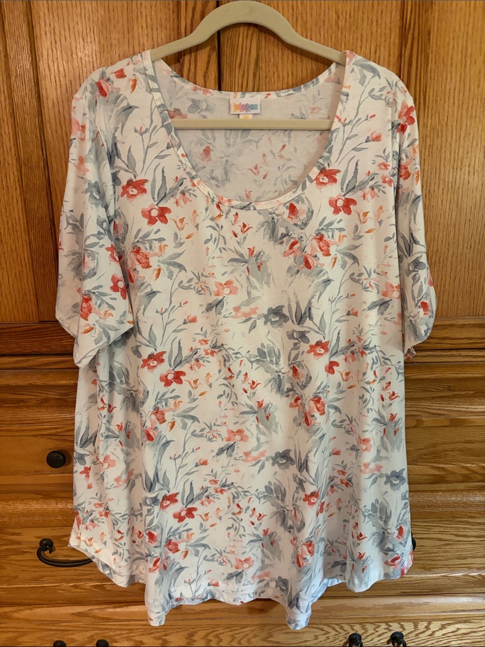 LuLaRoe White Floral Scoop Neck Top with Coral & Gray Accents